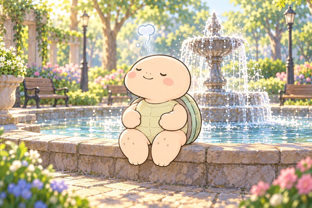 噴水のふちでイライラをしずめる亀のナビ助