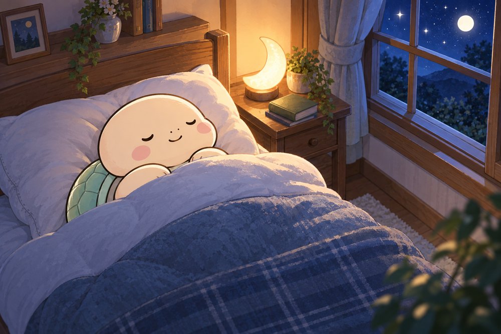 常夜灯のそばで穏やかに眠る亀のナビ助
