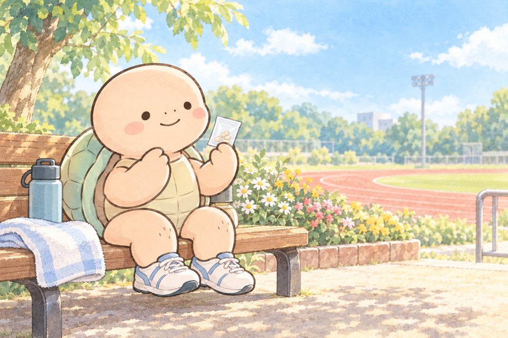 運動場のベンチで薬の分包を眺める亀のナビ助