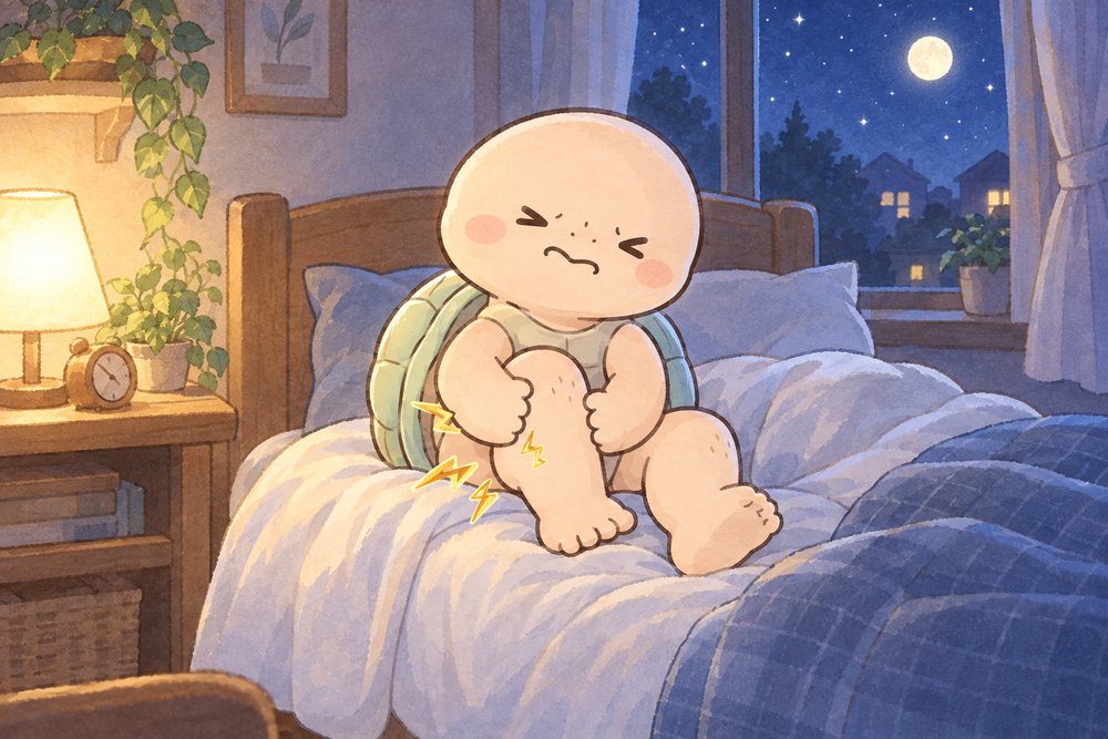 夜中にふくらはぎがつって顔をしかめる亀のナビ助
