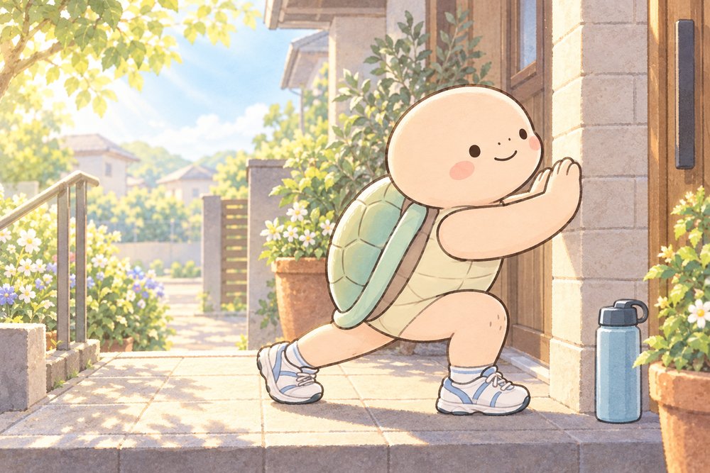 散歩前にふくらはぎをストレッチする亀のナビ助