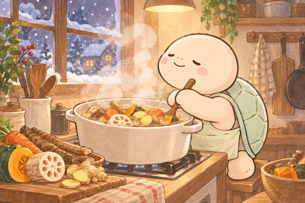 根菜としょうがのスープを煮込む亀のナビ助