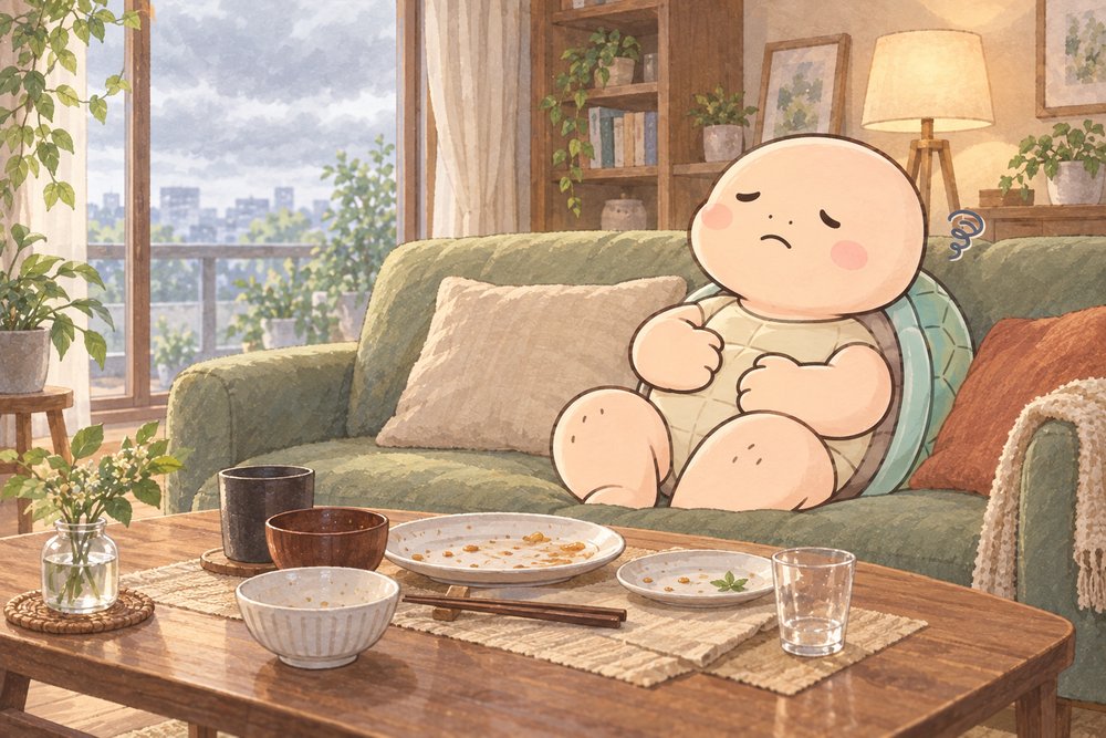 ソファでおなかをおさえて胃の重さを気にする亀のナビ助