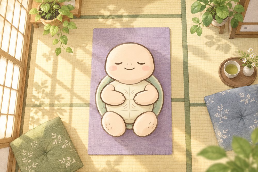 ヨガマットに寝そべっておなかのツボを押す亀のナビ助