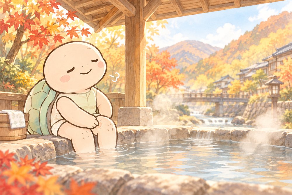 足湯につかりながらひざ下のツボを押す亀のナビ助