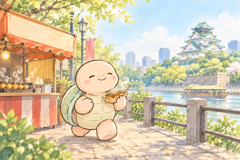 大阪の川沿いをたこ焼きを持って歩く亀のナビ助