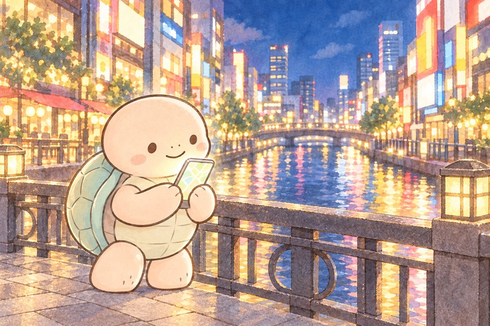 夜の橋の上でスマホの地図を見る亀のナビ助