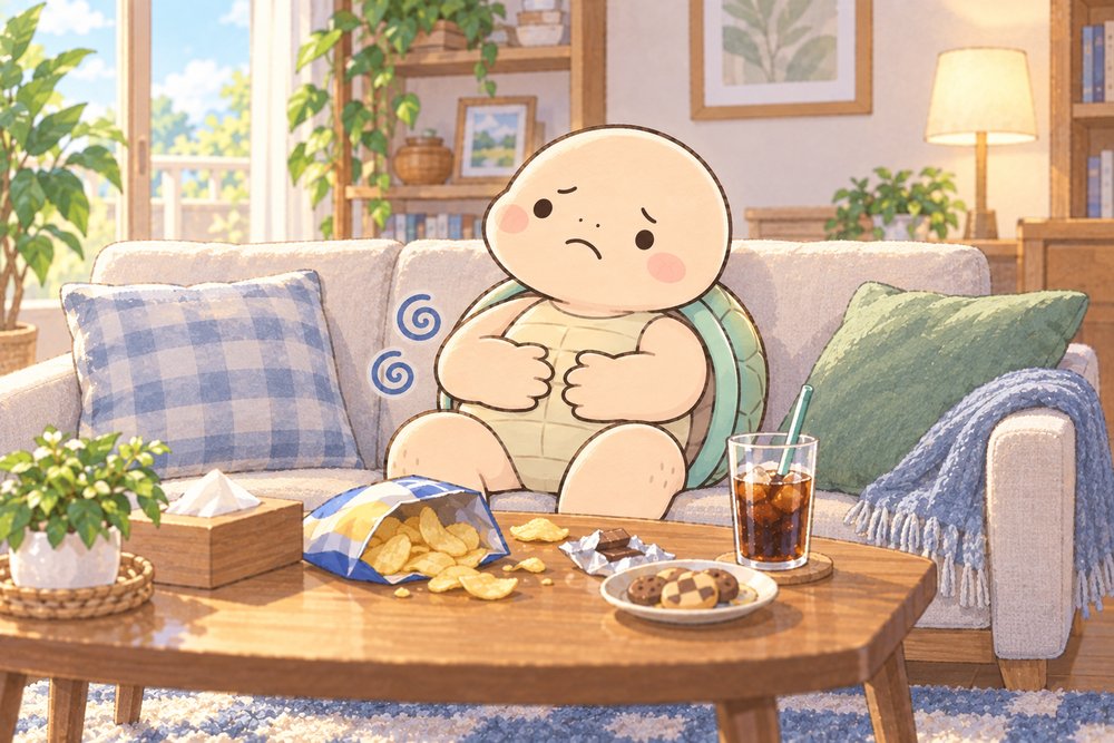 ソファでおなかのゴロゴロに困る亀のナビ助