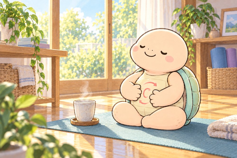 窓辺でおなかをやさしくマッサージする亀のナビ助