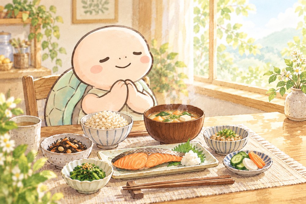 和朝食を前に手を合わせる亀のナビ助