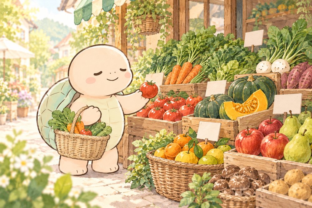 八百屋で旬の野菜を選ぶ亀のナビ助