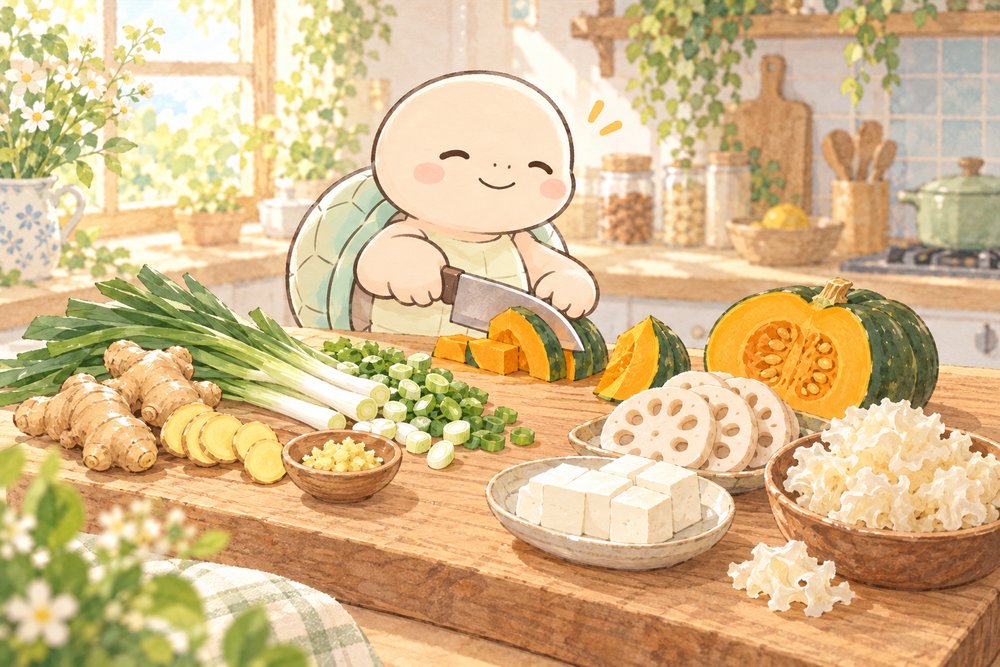 体質に合わせた食材を下ごしらえする亀のナビ助