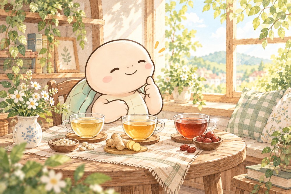 3つのお茶を前に選ぶ亀のナビ助