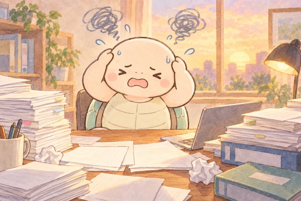 書類の山の前で頭を抱えるナビ助