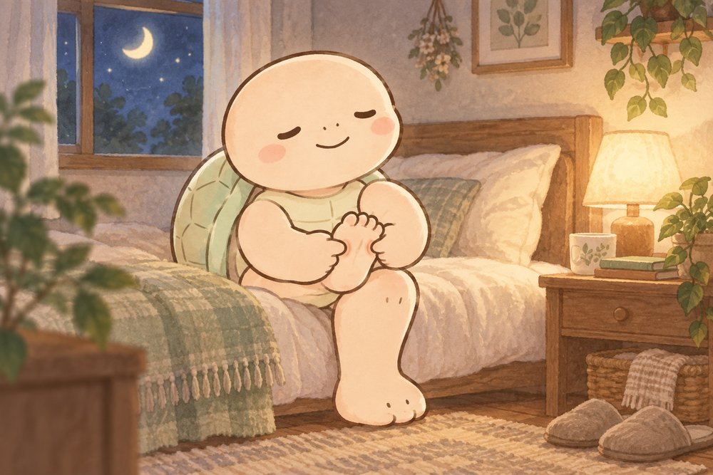 夜の寝室で足の裏のツボを押すナビ助