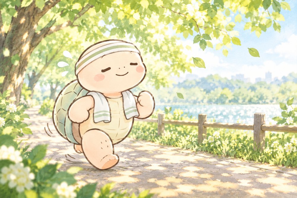 公園の並木道をジョギングする亀のナビ助