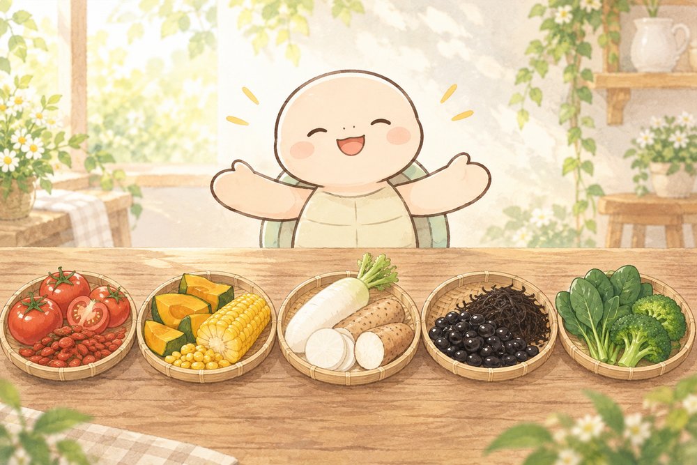 色別に分けた薬膳食材を紹介する亀のナビ助