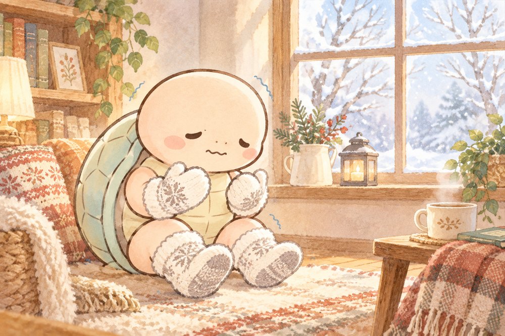 もこもこ靴下と手袋で寒がる亀のナビ助