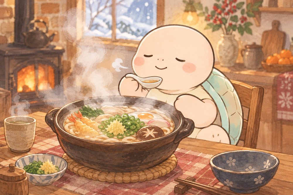 鍋焼きうどんをふーふーして食べる亀のナビ助