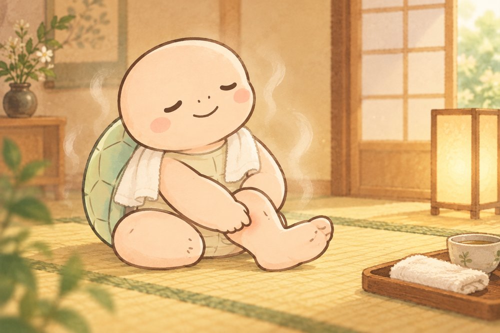 湯上がりに足のツボを押す亀のナビ助