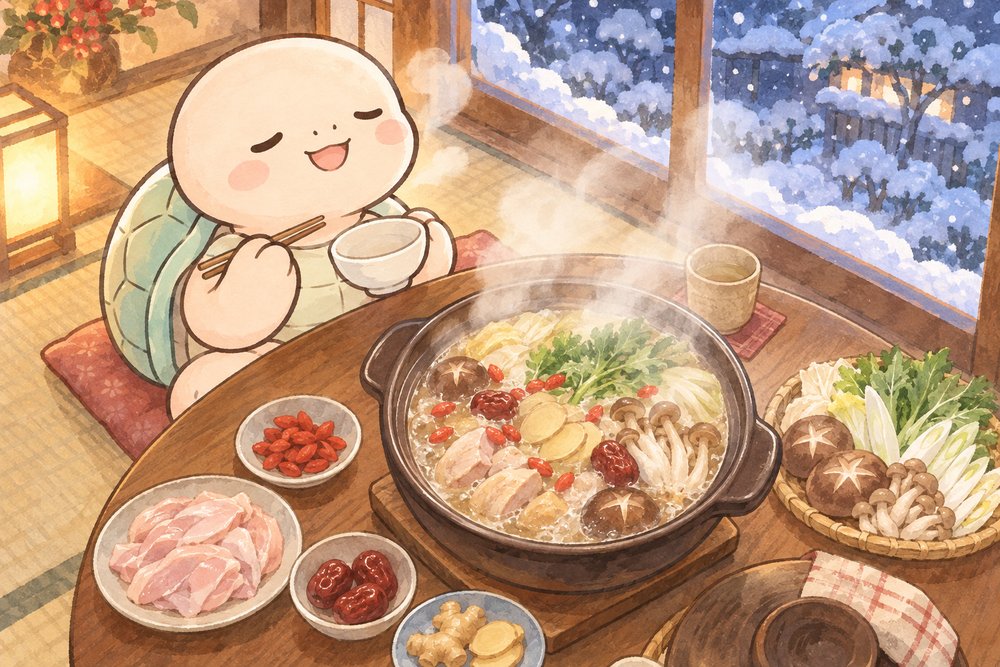 雪の夜にぐつぐつの薬膳鍋を囲むナビ助