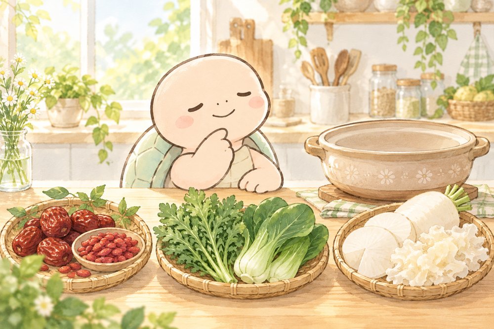 三色の食材ザルを前に鍋の具材を考えるナビ助