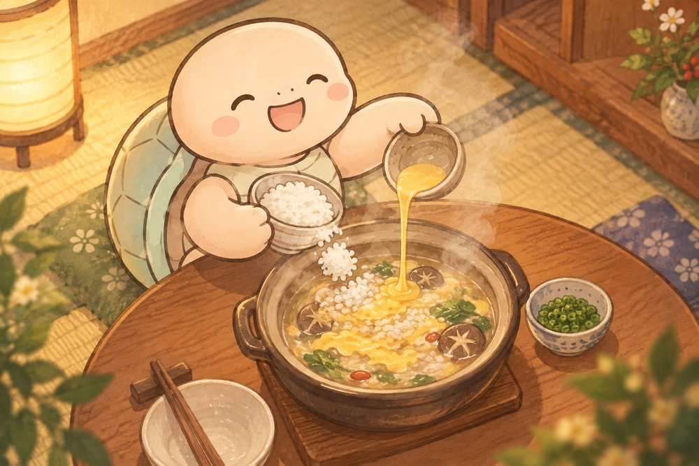 鍋のシメに雑炊を作る笑顔のナビ助