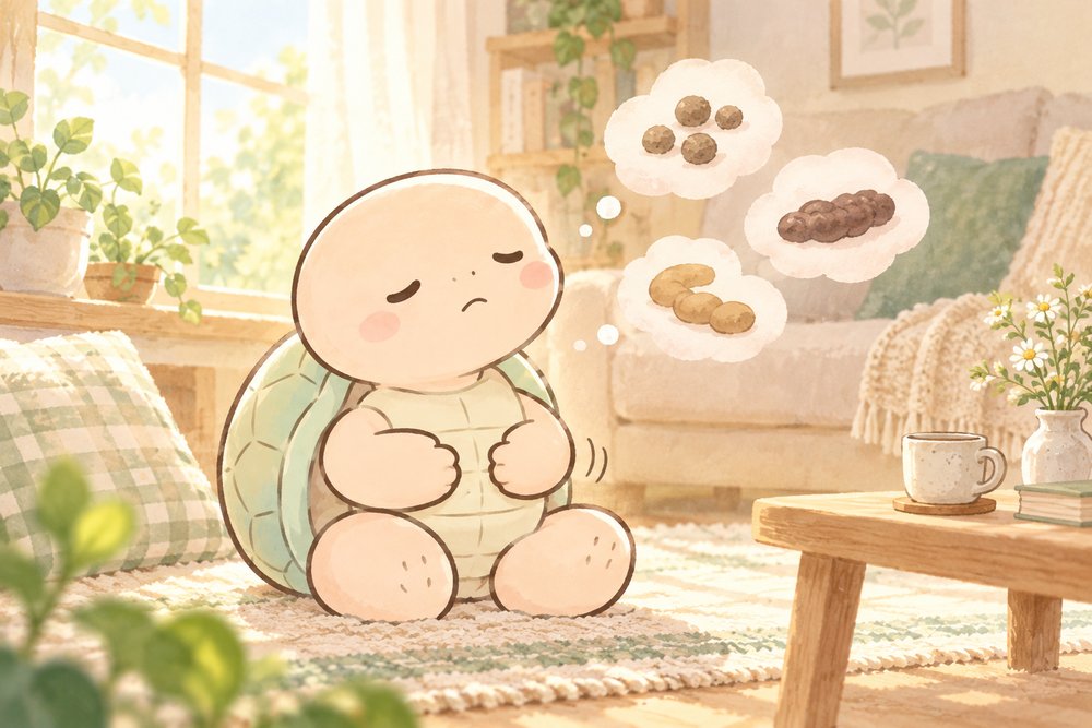 おなかをなでて考えこむ亀のナビ助