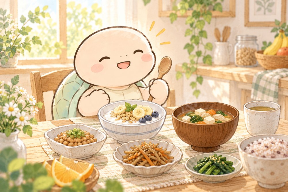 発酵食品と食物繊維たっぷりの朝ごはんを食べる亀のナビ助