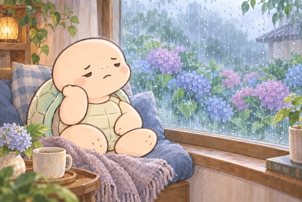 梅雨の窓辺で体が重だるい亀のナビ助