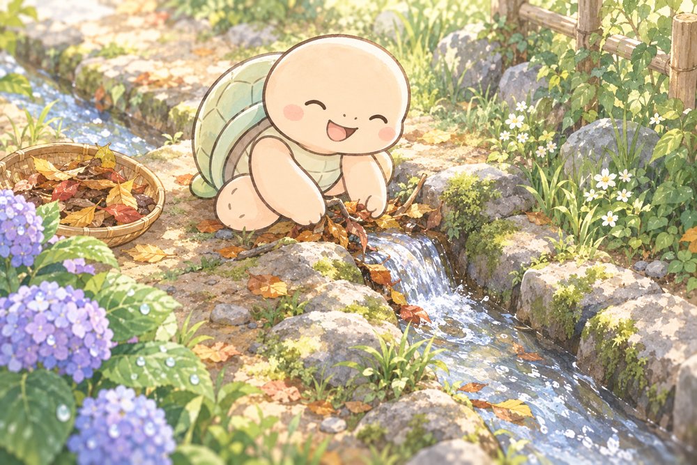 庭の水路の落ち葉をどけて水を流す亀のナビ助