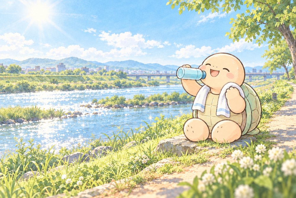 川沿いの散歩後に水を飲んですっきりする亀のナビ助