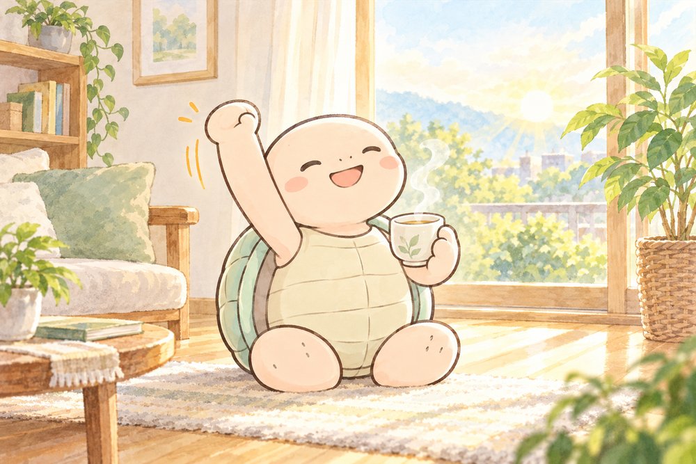 朝のリビングで白湯を持って伸びをするナビ助