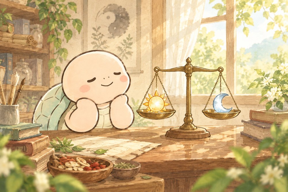 太陽と月がつり合う天秤を眺めるナビ助