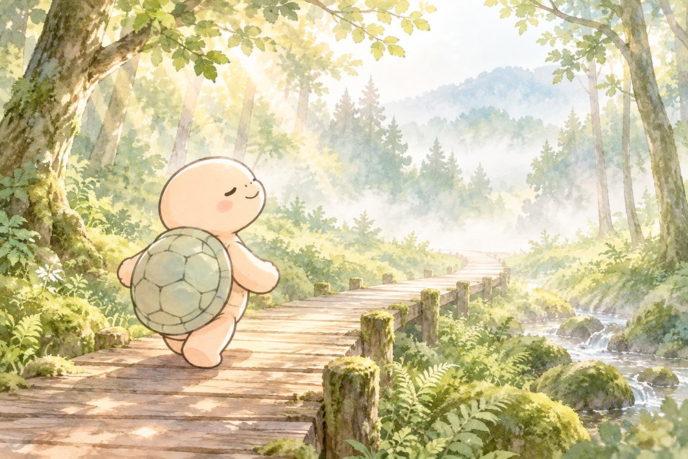 朝もやの森の木道を深呼吸しながら歩くナビ助