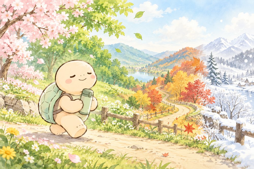 四季がつながる道を水筒を持って歩くナビ助