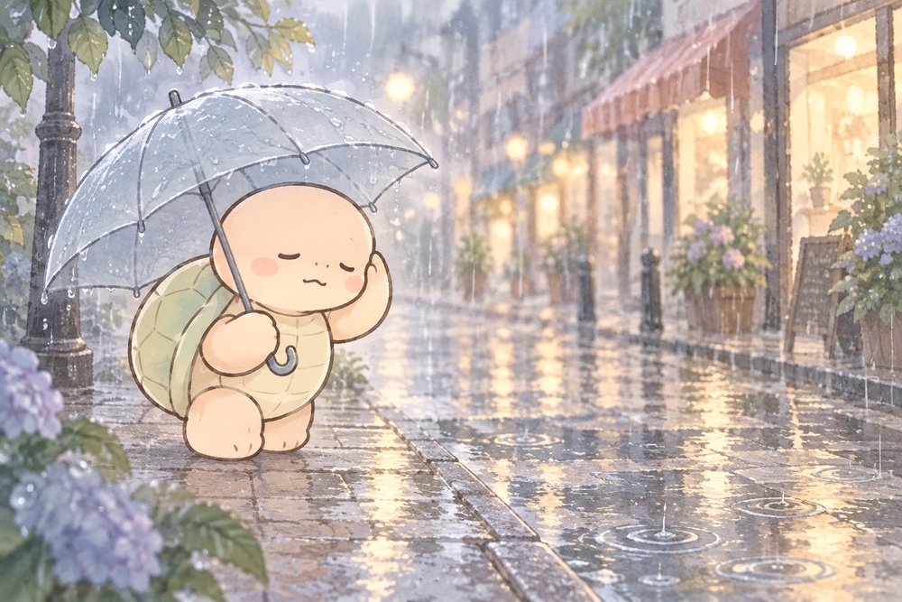 雨の日に傘を差してこめかみをおさえる亀のナビ助