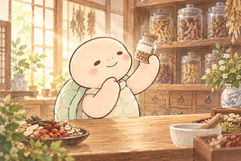 丸薬の小瓶を光にかざして眺める亀のナビ助