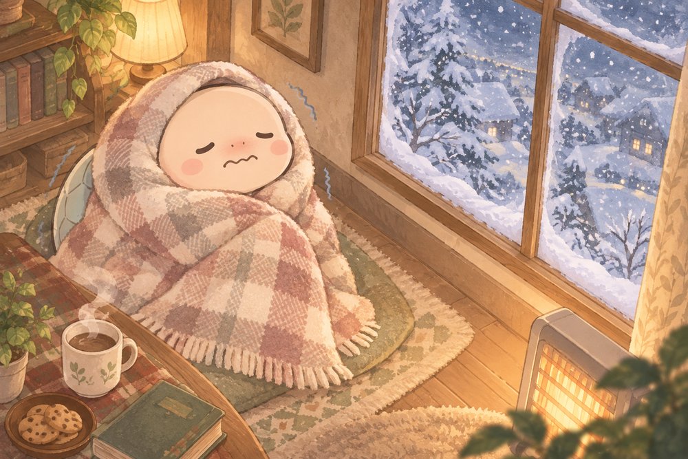 毛布にくるまって寒気に震える亀のナビ助