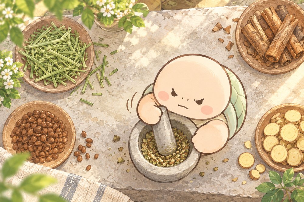 4種類の生薬を乳鉢ですりつぶす亀のナビ助