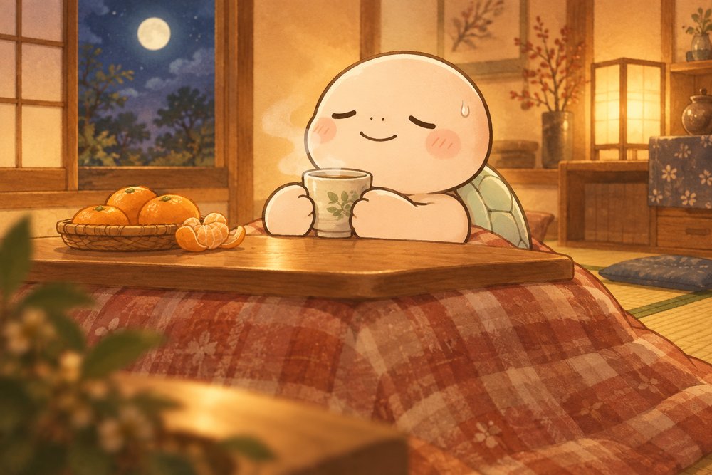 こたつで温かい飲み物を手にほっとする亀のナビ助