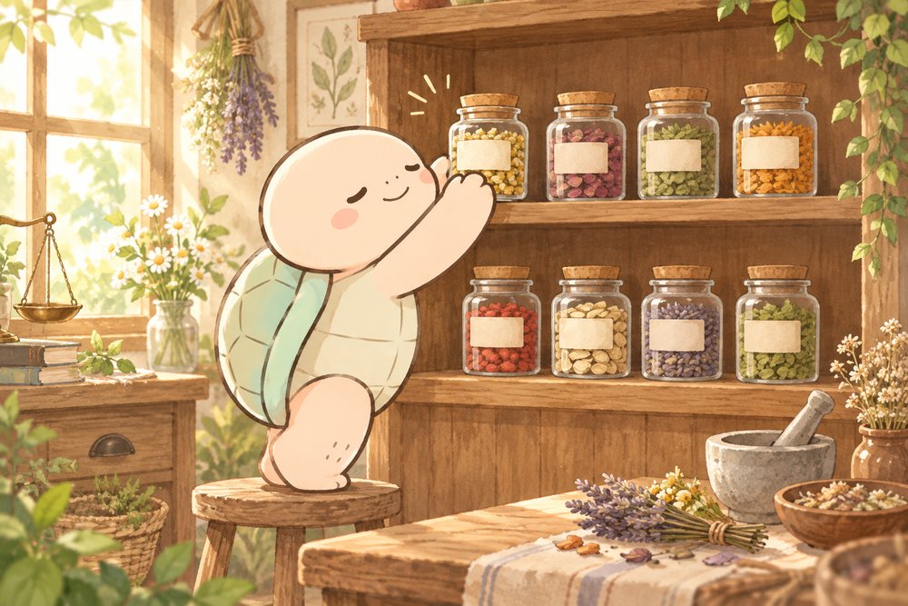 8つの生薬の瓶を棚に並べる亀のナビ助