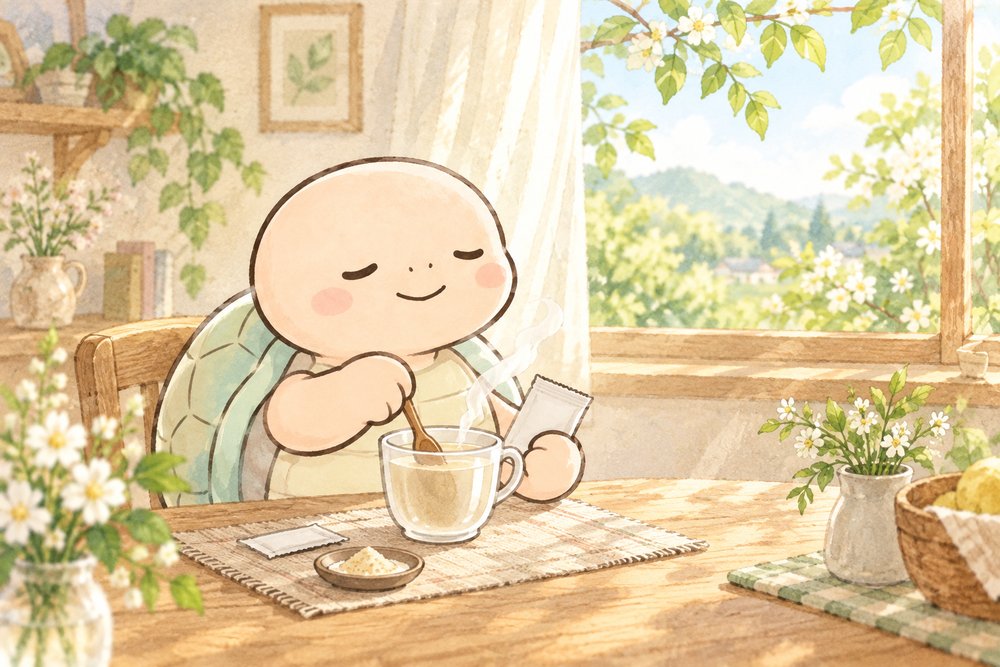 粉薬を白湯に溶かして混ぜる亀のナビ助
