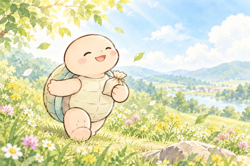 春の野原で元気に深呼吸する亀のナビ助