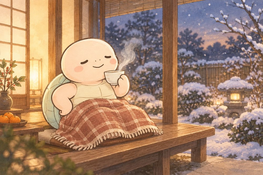 雪の縁側でひざ掛けをしてお茶を飲む亀のナビ助
