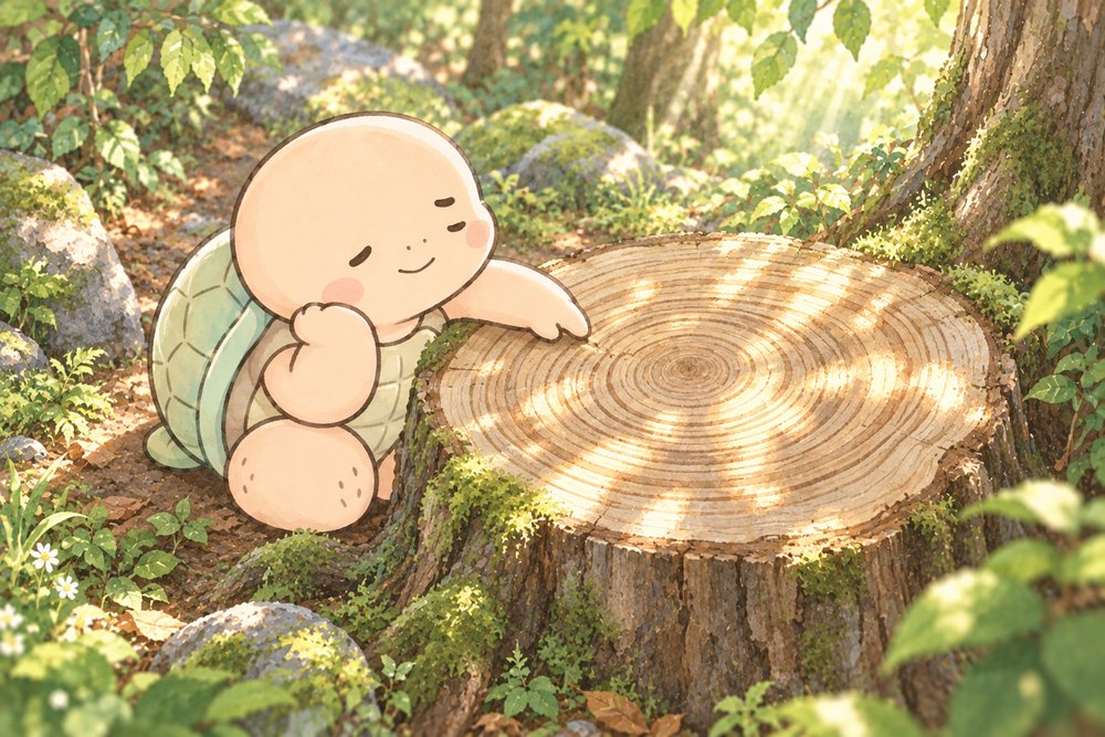 切り株の年輪をなぞってしみじみする亀のナビ助