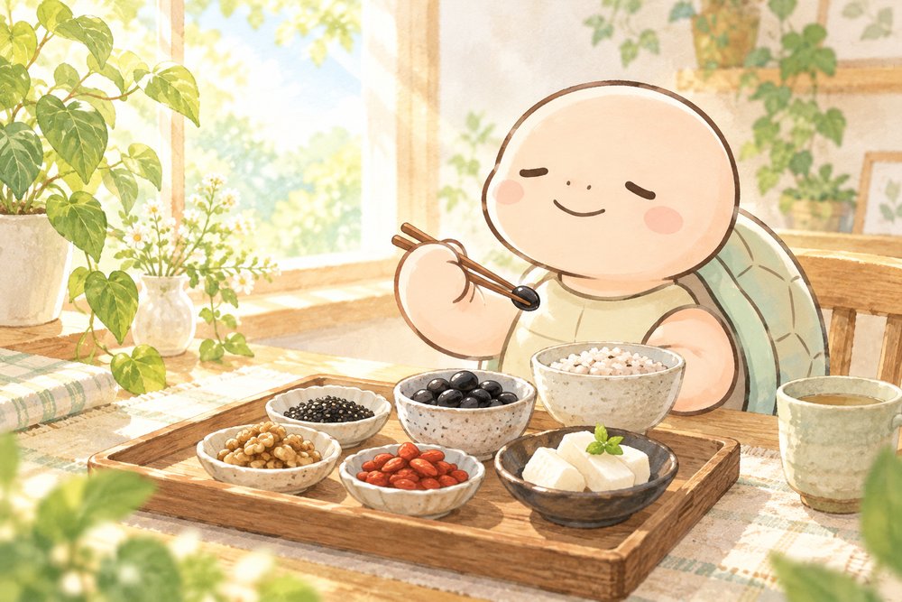 黒豆や黒ごまの小鉢を味わう亀のナビ助