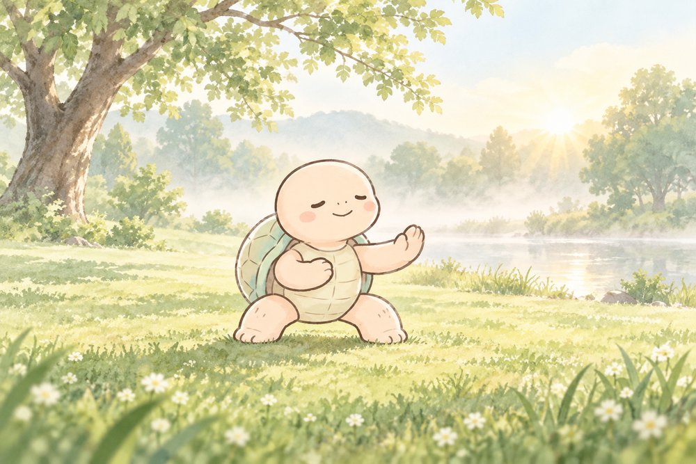 朝もやの公園で太極拳をする亀のナビ助