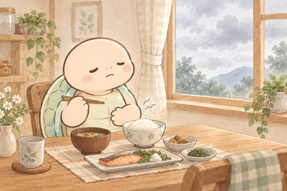 食欲がなくおなかをさする亀のナビ助