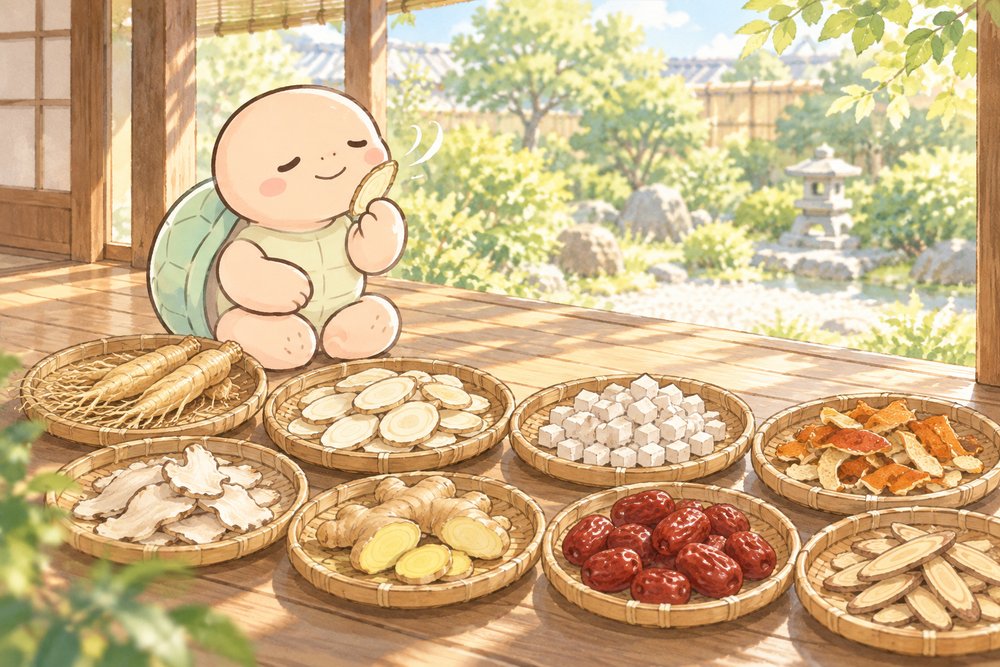 縁側で8種類の生薬を天日干しする亀のナビ助